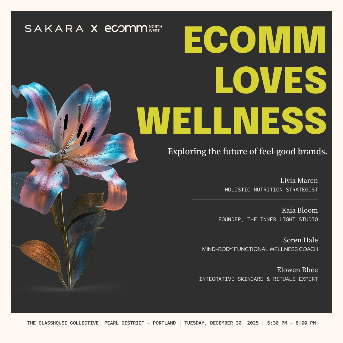 ecomm Loves Wellness event post with flower artwork and speaker details